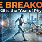 The image is a futuristic, high-resolution header designed for a tech news article. It visually represents the "breakout" of AI from digital screens into the physical world.