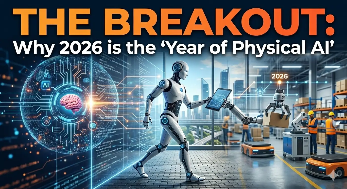 The image is a futuristic, high-resolution header designed for a tech news article. It visually represents the "breakout" of AI from digital screens into the physical world.