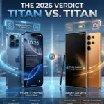 A high-tech 2026 flagship comparison infographic titled 'TITAN VS. TITAN: THE 2026 VERDICT.' On the left, a 'Cosmic Blue' iPhone 17 Pro Max is shown with futuristic HUD overlays highlighting the A19 Pro Chip and On-Device AI. On the right, a 'Flex Amber' Samsung Galaxy S26 Ultra is featured with its S Pen, highlighting the Flex Magic Privacy Display and Snapdragon 8 Elite Gen 5 processor. The background shows a modern, blurred glass-and-steel skyscraper setting, symbolizing the pinnacle of mobile technology.