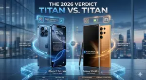 A high-tech 2026 flagship comparison infographic titled 'TITAN VS. TITAN: THE 2026 VERDICT.' On the left, a 'Cosmic Blue' iPhone 17 Pro Max is shown with futuristic HUD overlays highlighting the A19 Pro Chip and On-Device AI. On the right, a 'Flex Amber' Samsung Galaxy S26 Ultra is featured with its S Pen, highlighting the Flex Magic Privacy Display and Snapdragon 8 Elite Gen 5 processor. The background shows a modern, blurred glass-and-steel skyscraper setting, symbolizing the pinnacle of mobile technology.