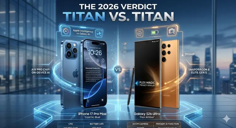A high-tech 2026 flagship comparison infographic titled 'TITAN VS. TITAN: THE 2026 VERDICT.' On the left, a 'Cosmic Blue' iPhone 17 Pro Max is shown with futuristic HUD overlays highlighting the A19 Pro Chip and On-Device AI. On the right, a 'Flex Amber' Samsung Galaxy S26 Ultra is featured with its S Pen, highlighting the Flex Magic Privacy Display and Snapdragon 8 Elite Gen 5 processor. The background shows a modern, blurred glass-and-steel skyscraper setting, symbolizing the pinnacle of mobile technology.