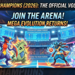 Official Pokémon Champions 2026 game banner featuring a Mega Garchomp and Mega Lucario battle in the Frontier City Grand Stadium. Includes text for Mega Evolution returns and the official VGC 2026 platform for Nintendo Switch and Mobile.