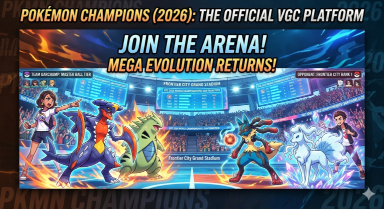 Official Pokémon Champions 2026 game banner featuring a Mega Garchomp and Mega Lucario battle in the Frontier City Grand Stadium. Includes text for Mega Evolution returns and the official VGC 2026 platform for Nintendo Switch and Mobile.