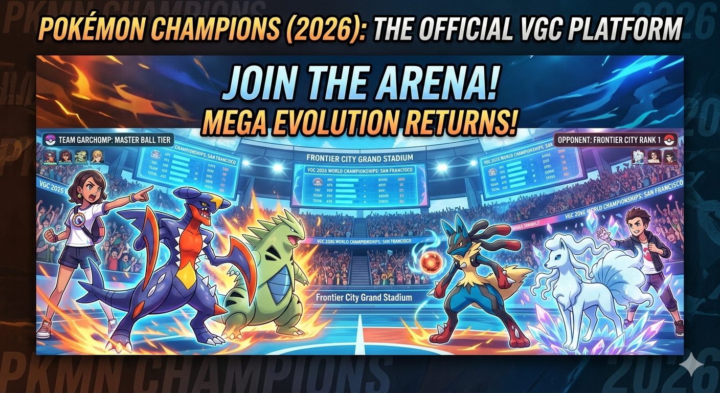Official Pokémon Champions 2026 game banner featuring a Mega Garchomp and Mega Lucario battle in the Frontier City Grand Stadium. Includes text for Mega Evolution returns and the official VGC 2026 platform for Nintendo Switch and Mobile.